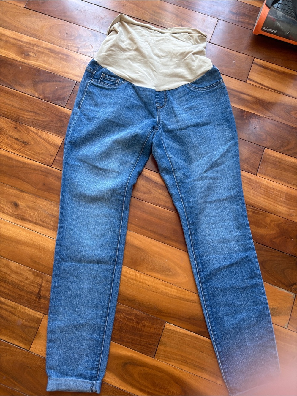 Indigo Blue Women's Skinny Jeans in Blue with Beige Panel